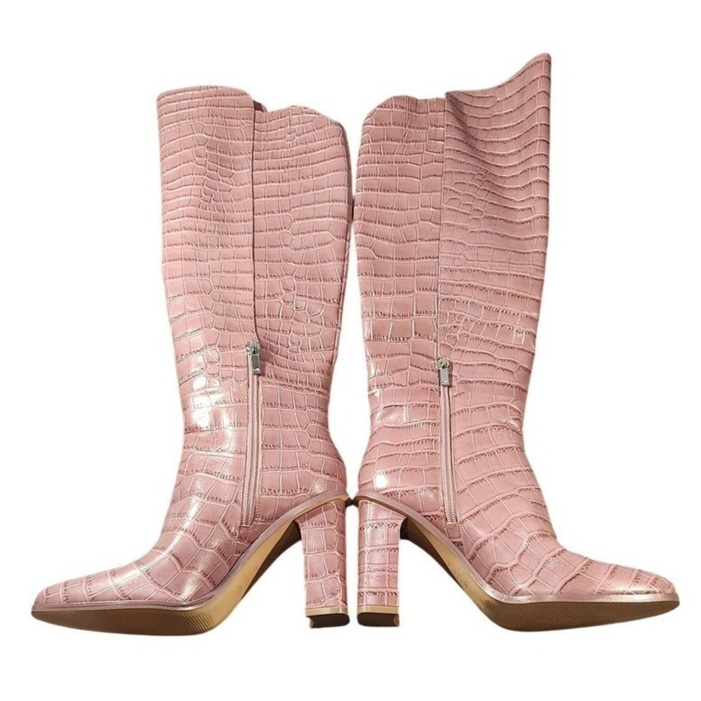 Marc‎ Fisher Boots Womens Size 8.5 Pink Croc Leather Western Mid Calf Retro Glam